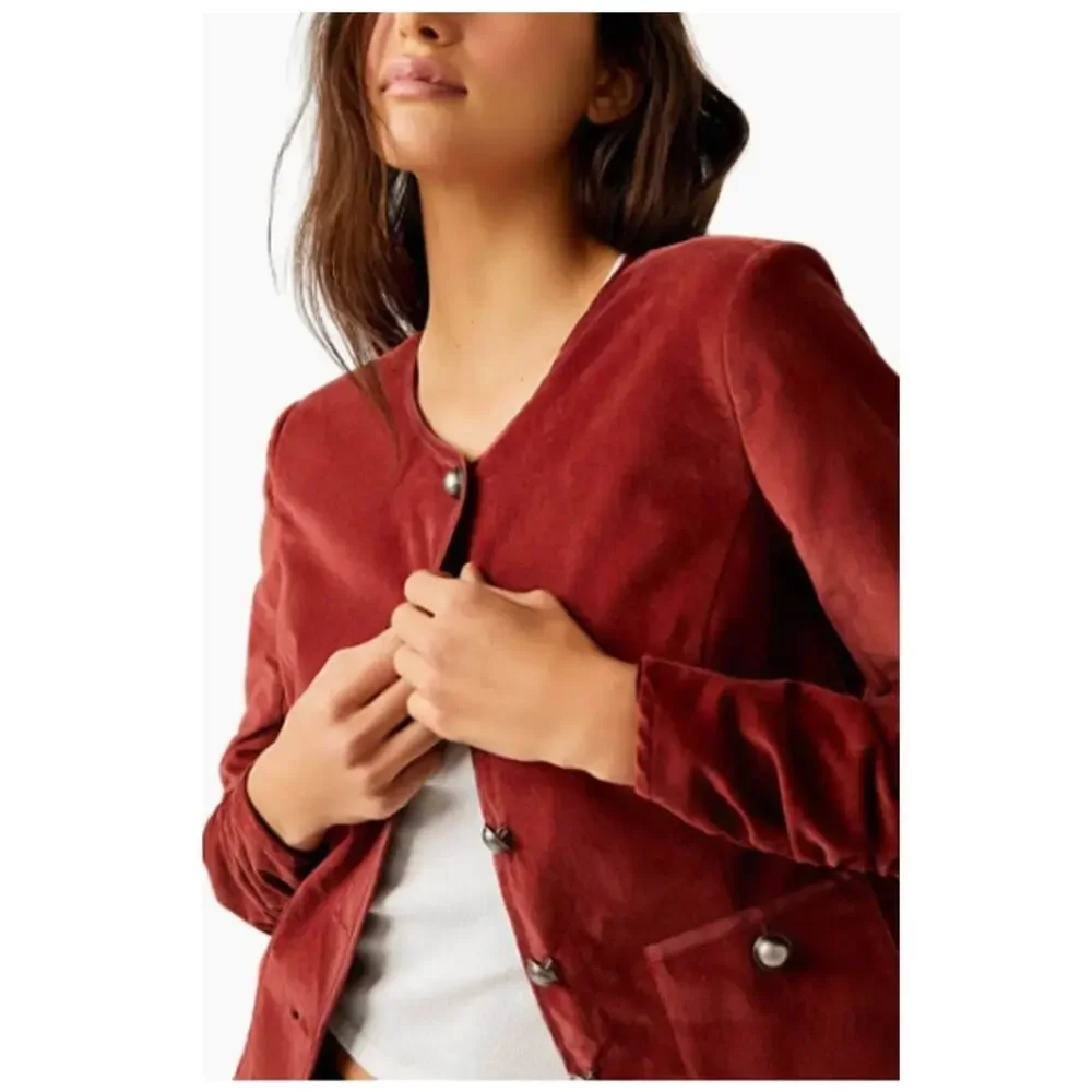 Free People We the Free Becky Stretch Velvet Jacket in Garnet Grotto - xs